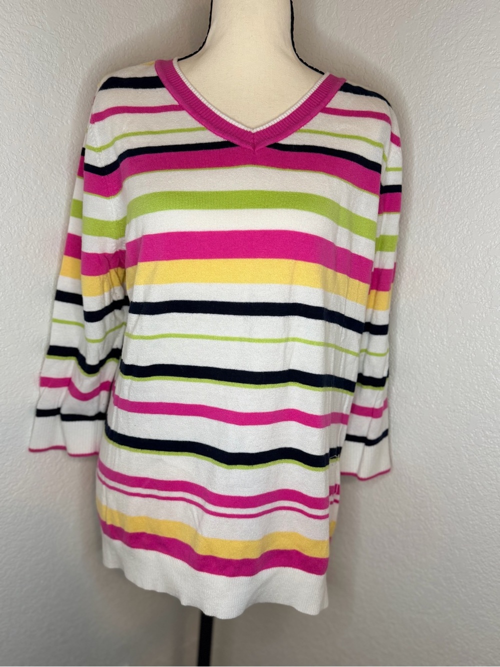 Christopher & Banks White Striped Top with Pink, Yellow, Lime & Black